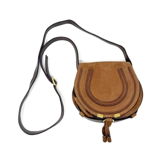 Chloe Handbags - CHLOE Marcie Small Brown Tan Calfskin Leather Saddlebag Crossbody Purse